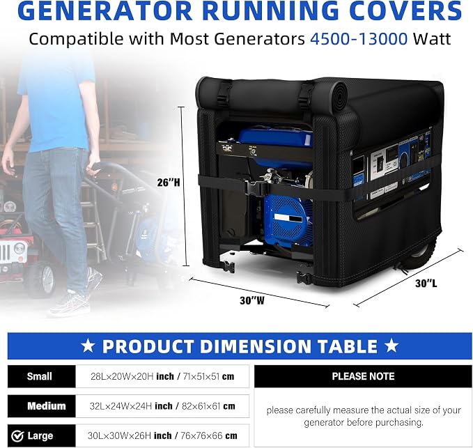 Generator Cover, 900D Heavy Duty Waterproof Fabric. 30L×30W×26H Inch Generator Covers While Running, with Windproof Strap Buckles. Fits most 6000-13000 watt Generators, Black.