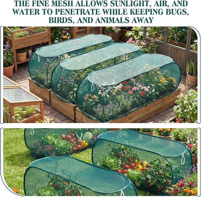 Threehoney 4 Pcs 35'' x 14'' x 16'' Pop up Garden Mesh Plant Cover Outdoor Plant Protector Garden Row Raised Bed Cover with Ground Nails Crop Cage Net for Seedlings Vegetable Fruit Herbs (Dark Green)