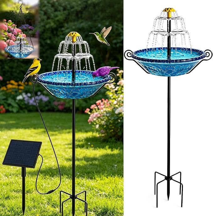 Solar Bird Bath Fountain for Outside,Plastic Birdbath with Metal Stand and Hook,New Spray System Outdoor Water Fountain,Floor-Standing and Wall-Mounted for Garden, Yard, Patio & Lawn Decor (Blue)
