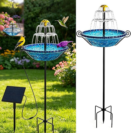 Solar Bird Bath Fountain for Outside,Plastic Birdbath with Metal Stand and Hook,New Spray System Outdoor Water Fountain,Floor-Standing and Wall-Mounted for Garden, Yard, Patio & Lawn Decor (Blue)