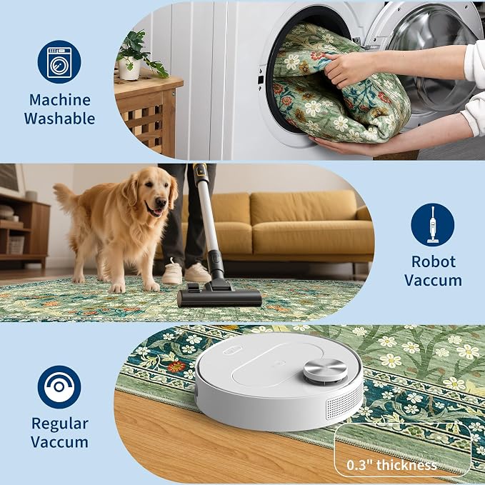 GarveeHome Floral Hallway Runner Rug, 2.5x8 Kitchen Runner Rugs, Washable Non Slip Entryway Rugs Indoor, Ultra-Thin Stain Resistant Carpet Floor Mat for Laundry Room, Sage Green