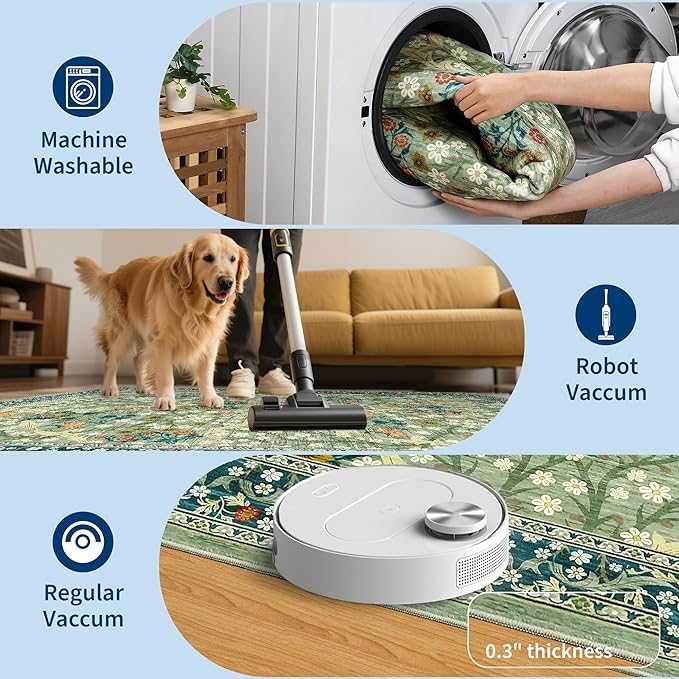 GarveeHome Sage Green Floral 8x10 Washable Area Rug Living Room Bedroom | Vintage Washable Low-Pile Non-Slip Carpet Soft Stain Resistant Rugs for Large Room Botanical Boho Rug TPE Backing