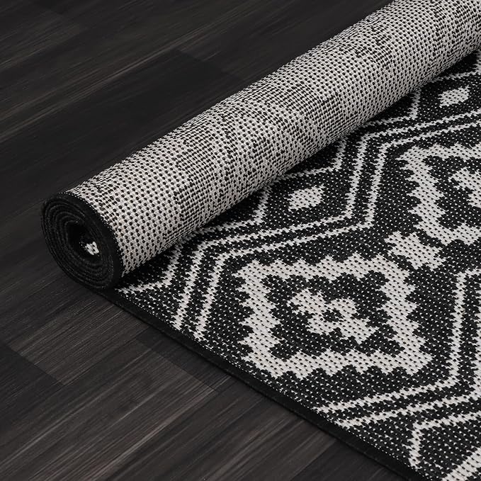 Beverly Rug Waikiki Boho Indoor Outdoor Rug 8x10, Washable Outside Carpet for Patio, Deck, Porch, Bohemian Area Rug, Farmhouse Rugs, Aztec Tribal Rug, Black and White