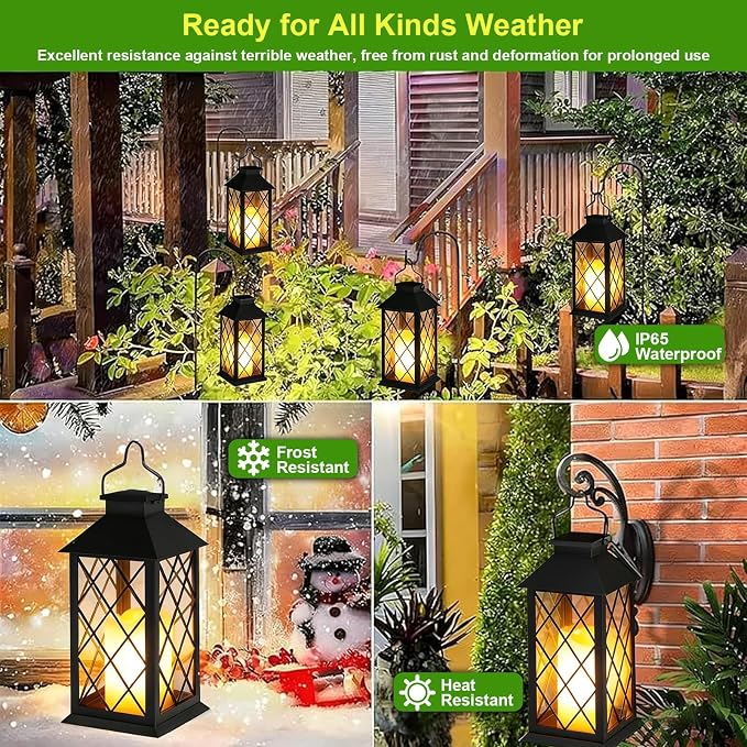 4 Pack 14" Large Tempered Glass Solar Lanterns Outdoor Waterproof, Hanging Solar Lights with Flickering Flameless Candles, Solar Lantern for Wall Porch Patio Table Garden Decoration (Black)