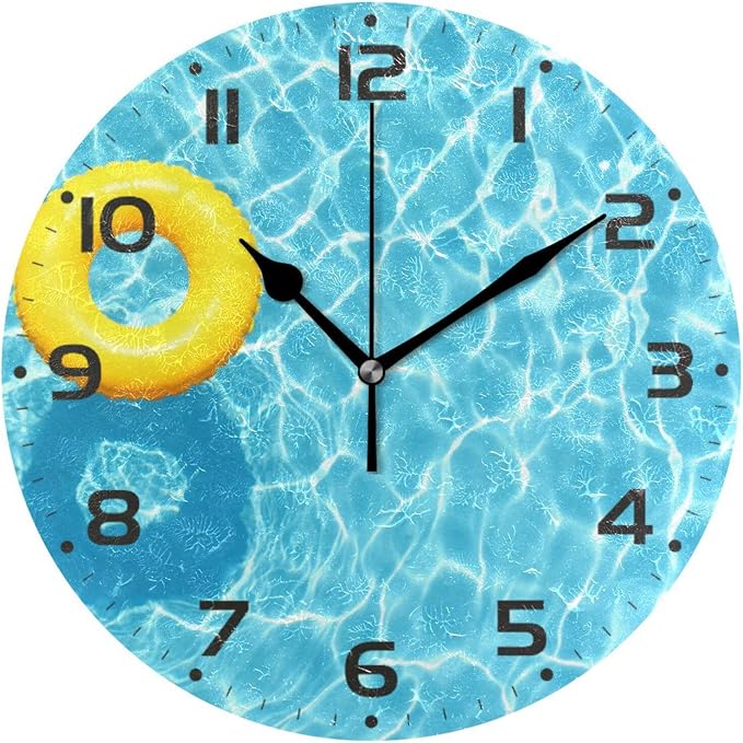 Blue Swimming Pool Wall Clock, Silent Non Ticking 10 Inch Battery Operated Wall Clocks, Easy to Read Clock for Home Kitchen Living Room Bathroom Office Decor