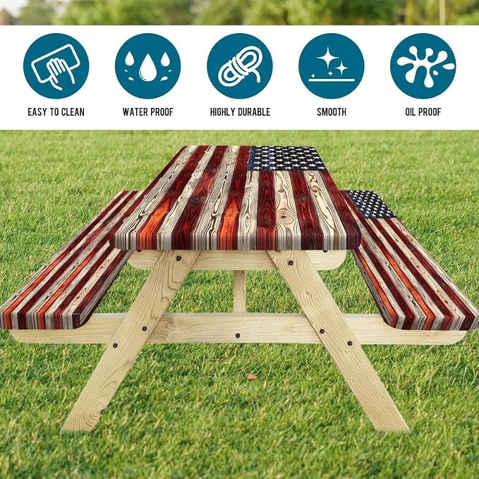 Picnic Table Cover with Bench Covers Elastic Edges, American Flag Wooden Camper Fitted Table Cover, Outdoor Camping Essentials, Waterproof Camping Fitted Tablecloth with Drawstring Bag, 96In 3PCS