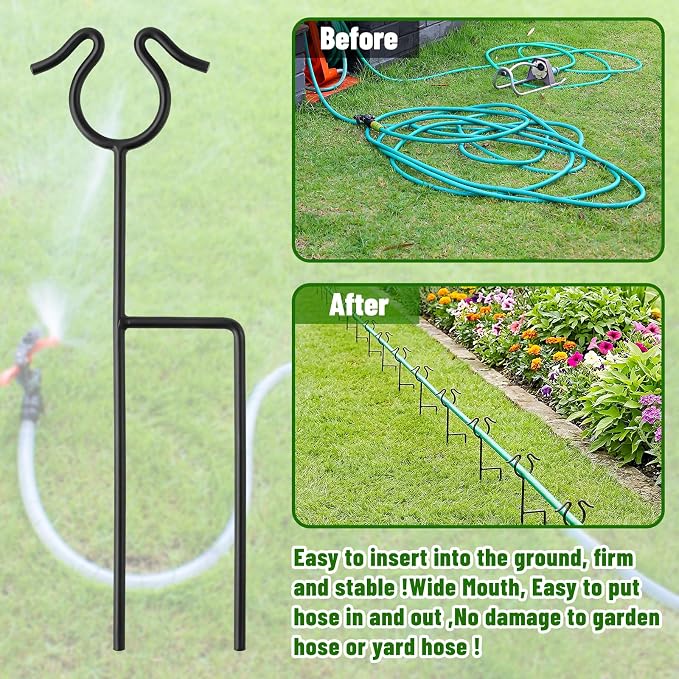 6 Pack Garden Hose Guide Stakes, 14 inch Metal Hose Guides for Garden Heavy Duty Rustproof Coated Spike Keeps Water Hose Out of Flower Beds Outside Lawn & Yard Plant Protection (Black)