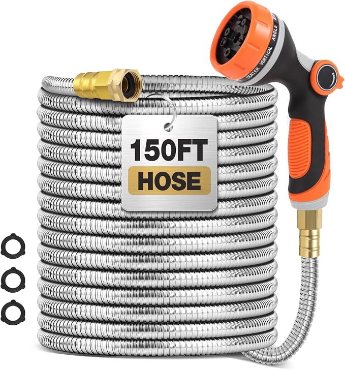 150 ft Garden Hose, Metal Water Hose 100 ft with 10 Function Nozzle & 3/4 Copper Fitting, Heavy Duty & Flexible, Kink Free & Lightweight for Yard, Outdoor, Lawn, Patio & Car