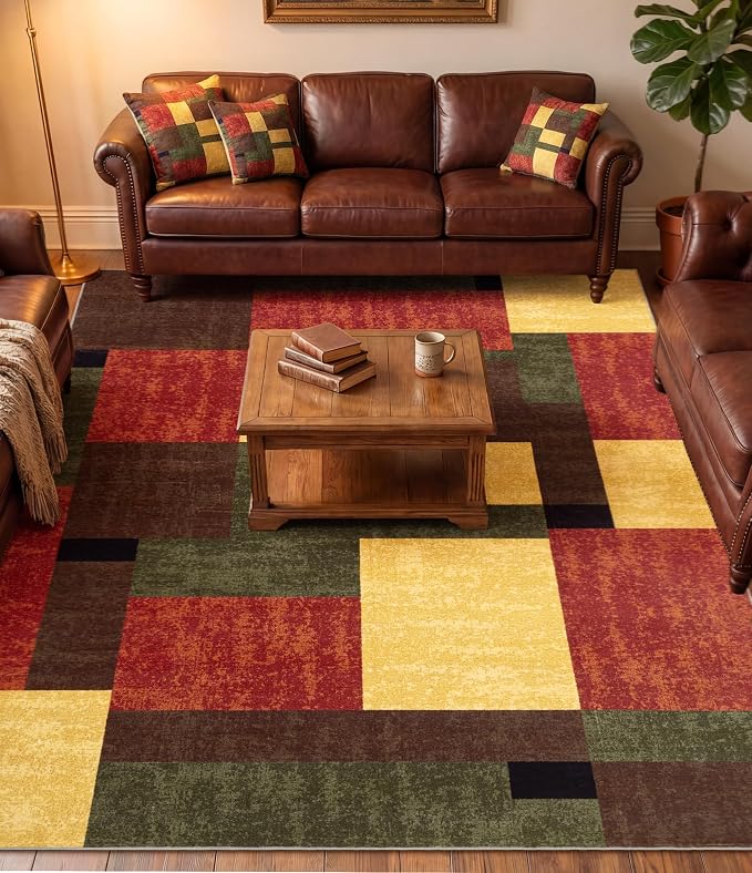 Red and Green Area Rug 6x9 for Living Room,Burgundy Farmhouse Rugs Washable, Burnt Orange Vintage Rug Non Slip,Geometric Boho Area Rug for Kitchen,Dining Room,Bedroom