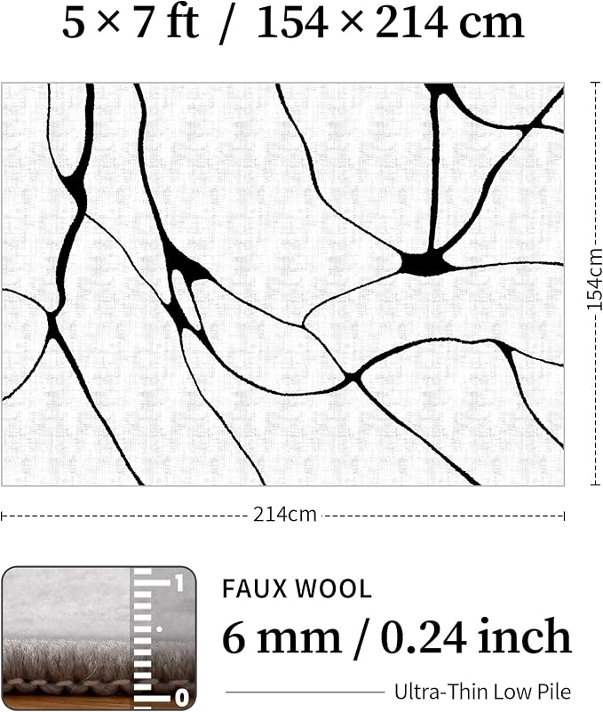 5x7 Washable Modern Abstract Black White Area Rug | Ultra-Thin Low Pile, Non-Slip TPE Backing, Soft Stain Resistant, Machine Washable, for Bedroom Livingroom High Traffic