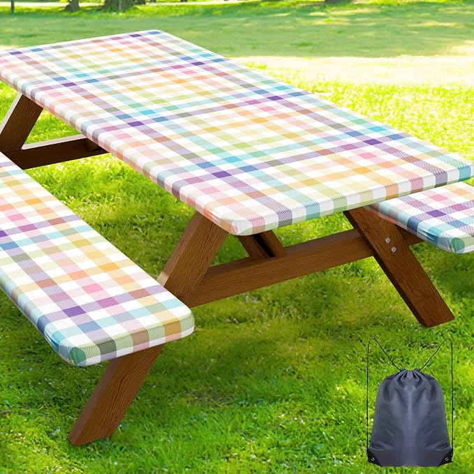 Smiry Picnic Table Cover with Bench Covers, Waterproof Elastic Fitted Tablecloths for 5 Foot Rectangle Tables, Washable Buffalo Plaid Tablecloth for Camping, Outdoor (Yellow & Green, 30"x60")