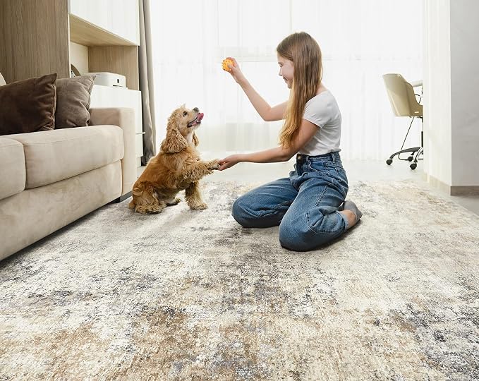 UERMEI 8x10 Area Rug Living Room Rugs - Washable Neutral Modern Abstract Soft Thin Large Rug Indoor Floor No Slip Rug Carpet for Bedroom Under Dining Table Home Office Decor - Golden Grey