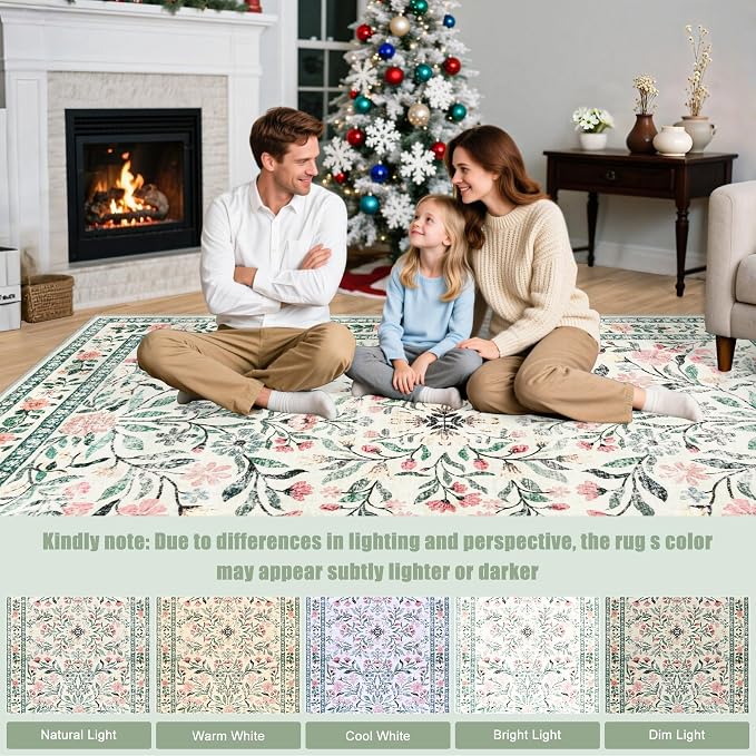PLHXFR 2.6x10 Washable Runner Rug：Floral Indoor Kitchen Carpet Green Beige | For Hallway Bedroom Kitchen Laundry Bathroom Dorm,Vintage Floral,Machine washable,Non Slip,Stain Resistant,Indoor Floor