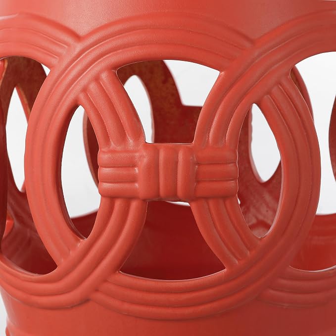 JONATHAN Y Lucky Coins 16" Ceramic Garden Stool, Contemporary Matte Coral Cutout Interlocking Rings Drum Indoor/Outdoor Side Table and Plant Stand for Patio, Garden, Living Room TBL1022G
