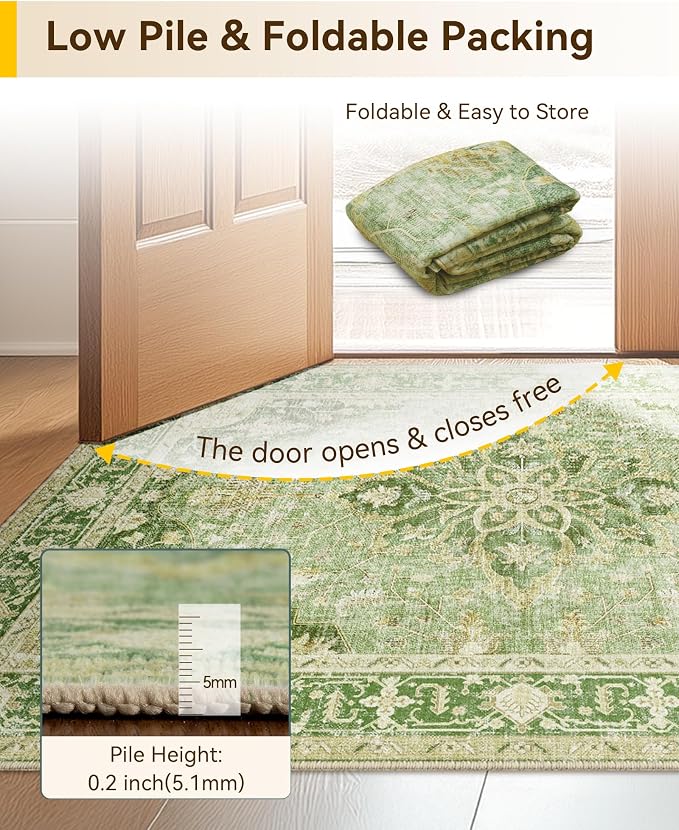 RELEANY Washable Area Rug, Small 2'x4', Green/Yellow | Non-Slip, Water Repellent, Pet Friendly, Easy to Clean, Vintage Floral Boho Decor for Kitchen Entryway Bathroom