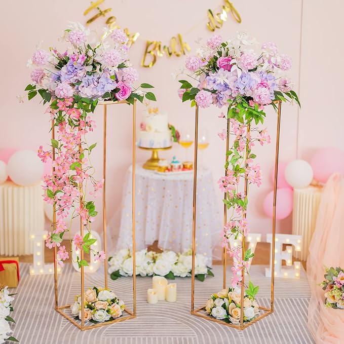 Gold Stand Wedding Centerpieces for Tables - 39.4in Tall Vases for Centerpieces, 2 Pcs Metal Column Flower Stand, Rectangular Flower Display Rack, Wedding Decorations for Tables, Party, Events, Home