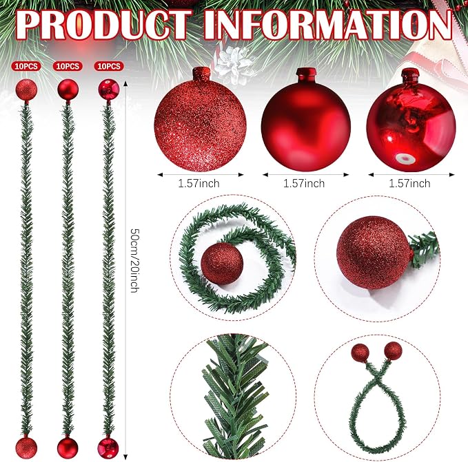 Dingion 30 Pcs 20 Inches Christmas Garland Ties with Balls Decorative Twist Ties for Banister Stairs Railing Reusable Flexible Twist for Home Xmas Holiday Decor Gift Craft Wrapping(Red)