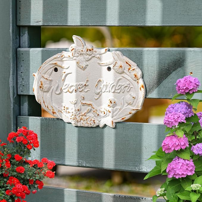 Sungmor Vintage Cast Iron “Secret Garden” Sign - Shabby Chic White Wall Plaque, Outdoor Garden Decorative Sign, French Country Cottage Wall Décor for Fence, Gate, or Patio, Distressed Rustic Finish