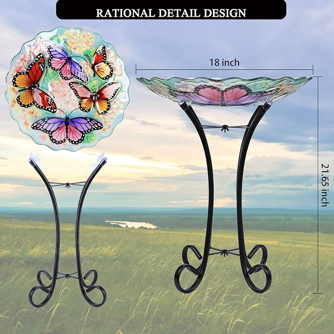 Glass Bird Bath Outdoor with Metal Stand for Lawn Yard Garden Decor Butterfly Bird Feeder