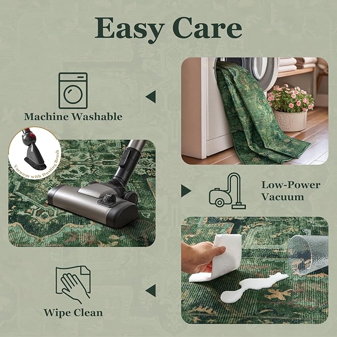 Dark Green Vintage Entryway Rug 3x5, Tranditional Medallion Distressed Throw Rug for Bedroom Bedside, Washable Non Slip Low Pile Small Area Rug for Living Room/Kitchen/Bathroom/Dorm/Closet