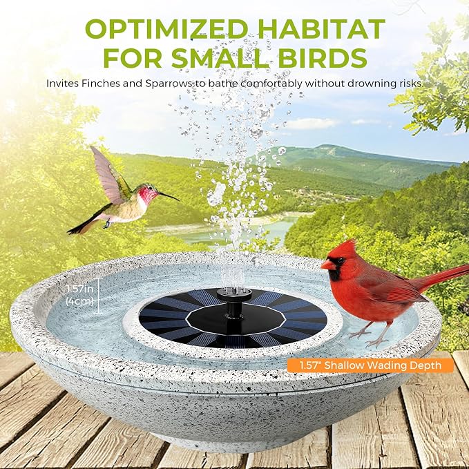 Solar Fountain Bird Bath of Outside Faux Rock Granite Look 12.5" Tabletop Water Bowl with 6 Nozzles Bird Bath Bubbler for Hummingbird Wild Birds Outdoors Garden Patio Lawn