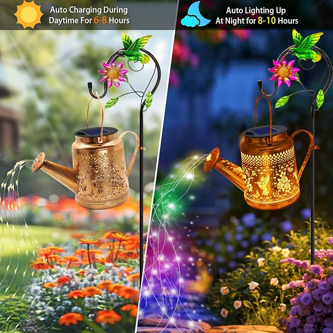 2 Pack Big Solar Lanterns Outdoor, Gifts For Mom Grandma Women Wife Daughter Mother's Day, Hummingbird Watering Can Lights With Shepherd Hook, Solar Path Light Yard Art Outside Patio Decor Multicolour