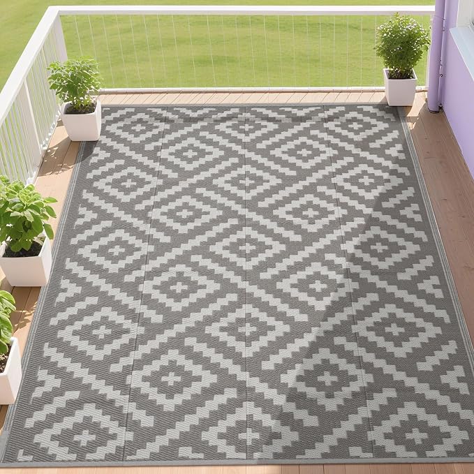 RURALITY Outdoor Rugs 5x8 Feet for Patios Clearance,Plastic Straw Waterproof Mats for Backyard,Porch,Deck,Balcony,Coffee&Beige