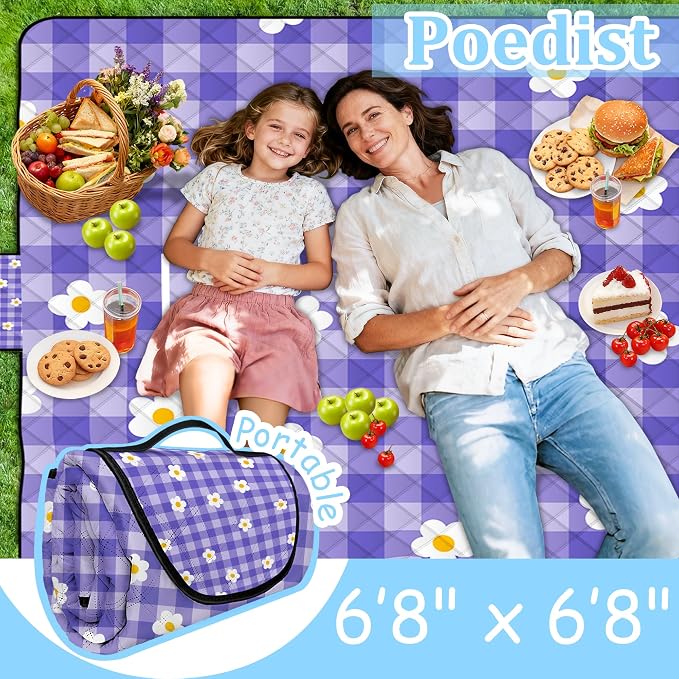 Extra Large Picnic Blanket Waterproof,80"x 80"Foldable Machine Washable Beach Blanket,Outdoor Blanket for 6-8 Adults,Suitable for Indoor Crawling,Park Beach,Camping,Hiking,Family Travel(Purple)