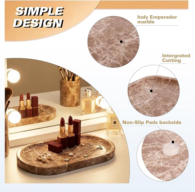 Light Emperador Marble Vanity Tray for Bathroom Counter, 10"x5" Decorative Tray for Perfume, Candles, Stone Jewelry Dish Tray