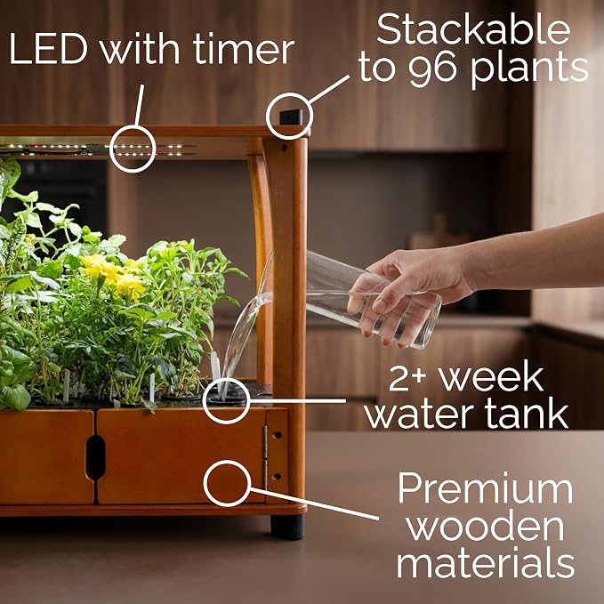 Hydroponics Growing System – Wooden Indoor Herb Garden Kit with LED Grow Light, 24 Starter Plants Included, Scalable to 96 Plants, No Subscriptions, Just Add Water