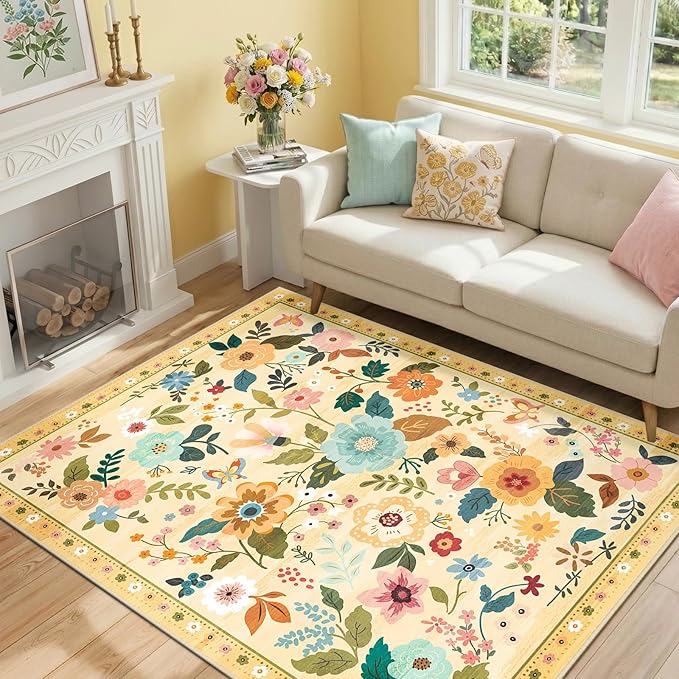 RELEANY Floral Washable 4x6 Area Rugs Yellow/Orange | Flower Carpet, Print, Boho, Non-Slip, Easy to Clean, Soft, Low Pile for Living Room Bedroom Kitchen Office Entryway Hallway