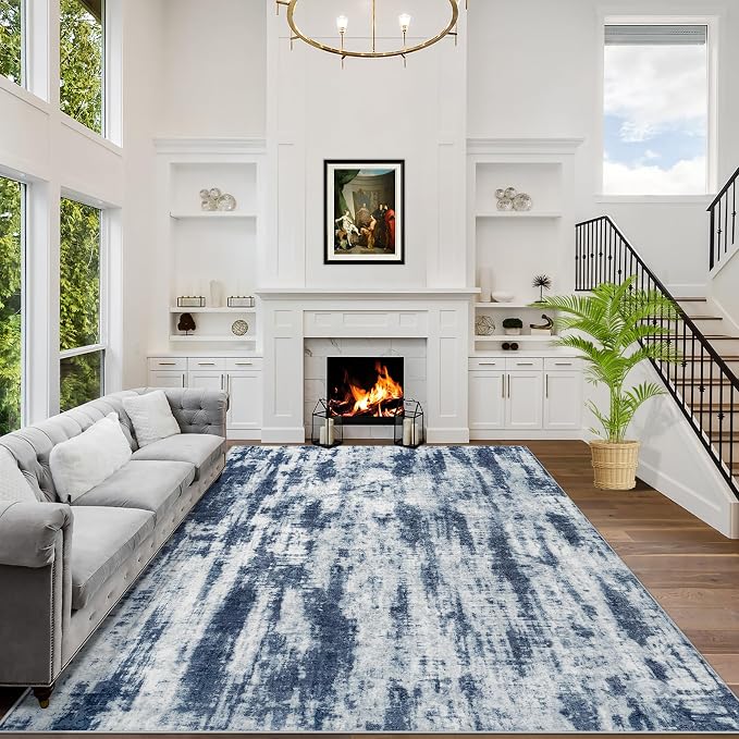 10x14 Area Rugs for Living Room: Washable Abstract Blue Grey Badroom Carpet | Non-slip TPE backing makes this washable soft low-pile rug safe & durable, Pet-friendly decor for dining room,nursery,office