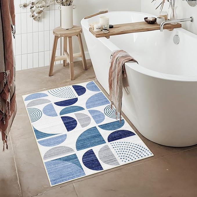 Blue Small Rug Washable,2x3 Area Rugs Non Slip Modern Abstract | Machine Washable Throw Carpet for Entryway Bathroom Entry Entrance Bedroom Kitchen Boho Soft Low Pile Indoor Navy Blue