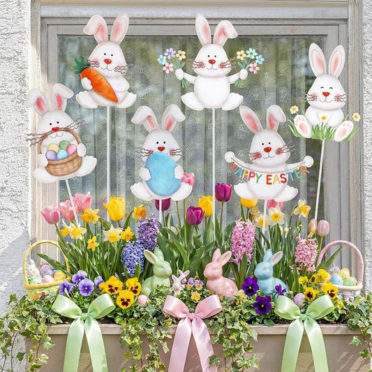 Pickmesh 6 Pcs 12" H Easter Yard Sign Metal Rabbits Yard Stake Bunny Barn Garden Stake Easter Decoration Outdoor for Planter Pot Spring Walkway Pathway Lawn Decor