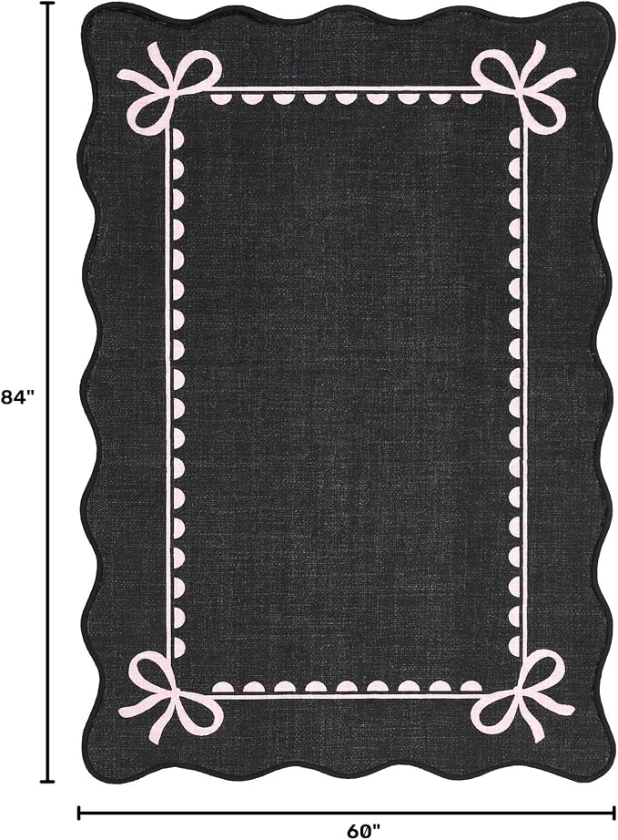 GarveeHome Scalloped Bow Rug 5x7 Washable Rug for Living Room, Black Pink | Non Slip Soft Low Pile Indoor Carpet for Nursery Girls Bedroom Decor Hallway Kids Room College Dorm Playroom