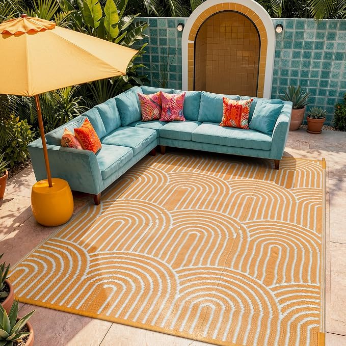 Lahome Outdoor Patio Rug Waterproof 9x12,Camping Rug for Outside Your Rv,Large Portable Lightweight Plastic Straw Carpets for Beach Backyard Garden(Orange,9'x12')
