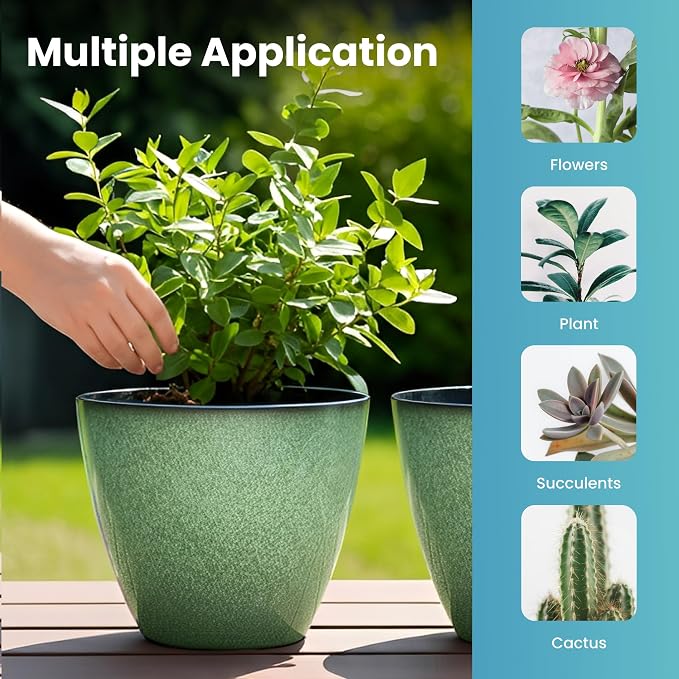 Vanslogreen 8 inch Flower Pots for Indoor Plants, 4 Pack Plastic Plant Pots for Plants with Drainage Holes, Indoor Planter for Outdoor Plants Garden Home Decor, Green
