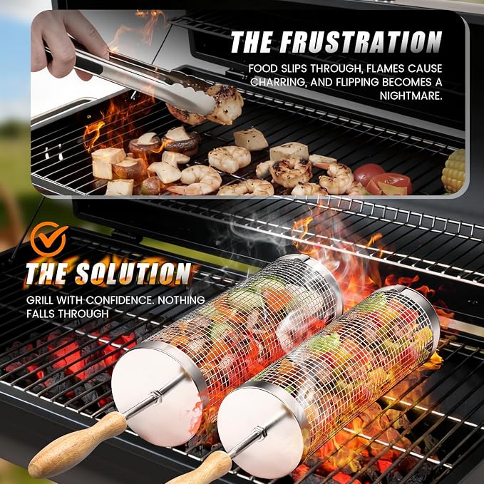 Rolling BBQ Basket for Outdoor Grill, Grilling for Vegetable/Veggies 2pcs | Stainless Steel Roll Barbeque Basket with Handle Heat Resistant, Non-slip Large Capacity to Grill Seafood Sausage for Camping