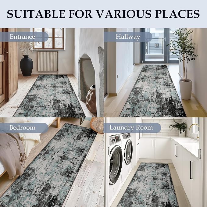 RELEANY Washable Runner 2'x10' Abstract Area Rug for Hallway Teal Black | Carpet for Kitchen, Entryway, Bathroom, Living Room, Bedroom, Printed Pattern, Non‑Slip, Soft, Stain‑Resistant, Easy to Clean