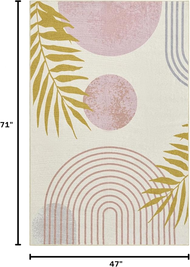 RoomTalks Cute Pink Nuresry Rug Washable, Boho Modern Contemporary Aesthetic 4x6 Area Rugs for Bedroom Dining Living Room Dorm, Abstract Art Tropical Leaves Thin Indoor Entryway Rug Carpet