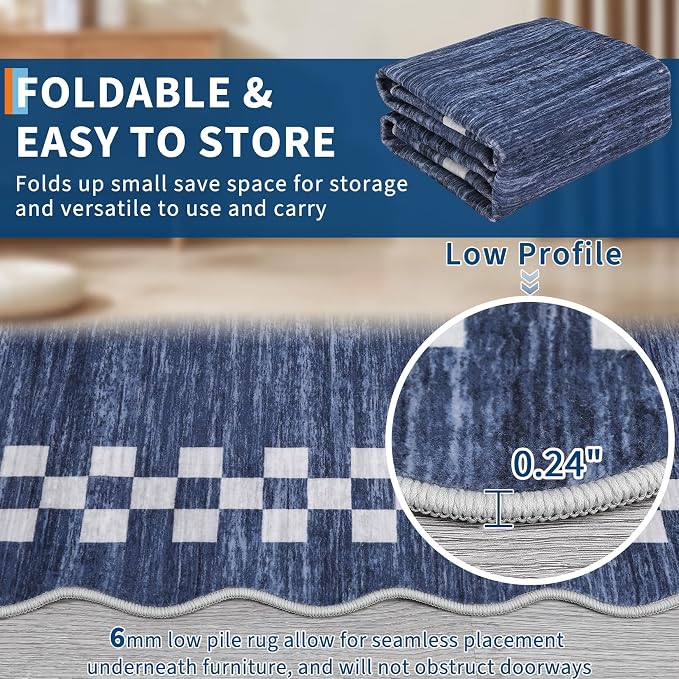 GarveeHome Scalloped Washable Rug 9x12 Neutral Area Rug for Living Room | Modern Border Large Bedroom Throw Carpet with Rubber Backing Stain Resistant Rug for Dining Room Home Decor Office, Blue