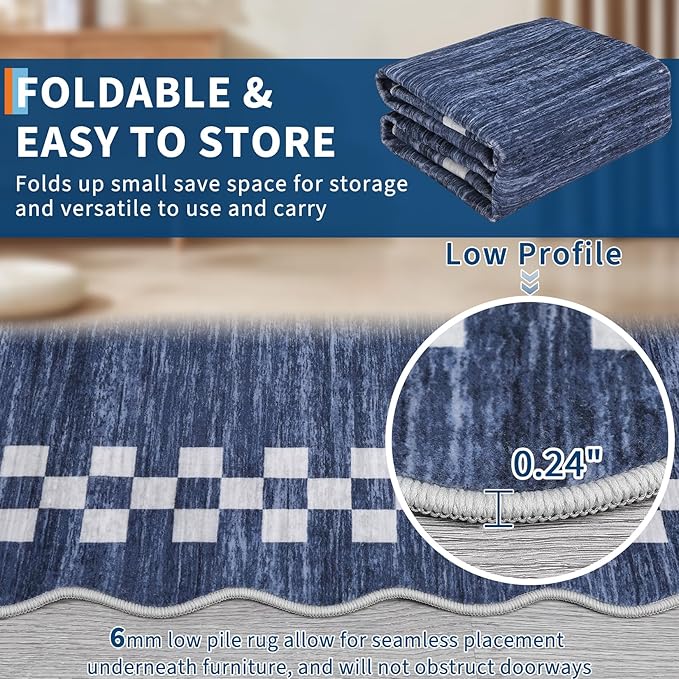 GarveeHome Scalloped Round Rug 4ft Washable Modern Solid Color Circle Rugs | Non Slip Low Pile Living Room Throw Carpat Bedroom Scalloped Round Area Rug Stain Resistant Bordered Rug for Kitchen, Blue