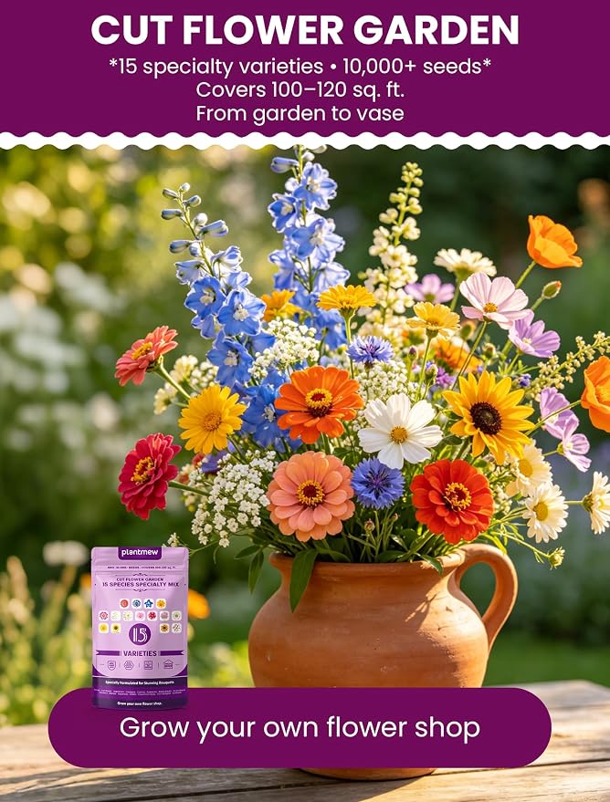 Cut Flower Seeds Mix – 15 Heirloom Varieties, 10,000+ Seeds for Outdoor Planting, High Germination, Long Vase Life (Zinnia, Sunflower, Cosmos) – Covers 120 sq.ft. – Florist Curated for Bouquets