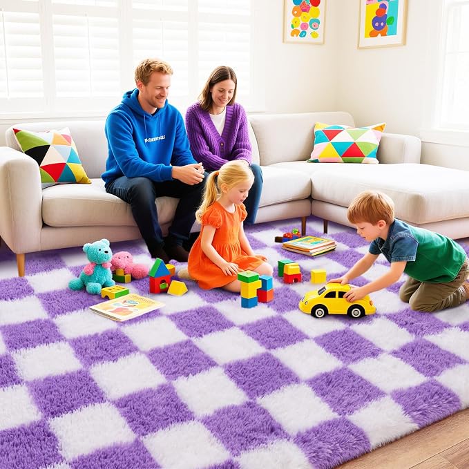 Checkered Rug for Living Room 6x9, Ultra Fluffy Fuzzy Shag Large Area Rug for Bedroom, Modern Plush Soft Upgrade Non-Slip Carpet for Kids Girls and Boys Room Dorm Home Decor, White and Purple