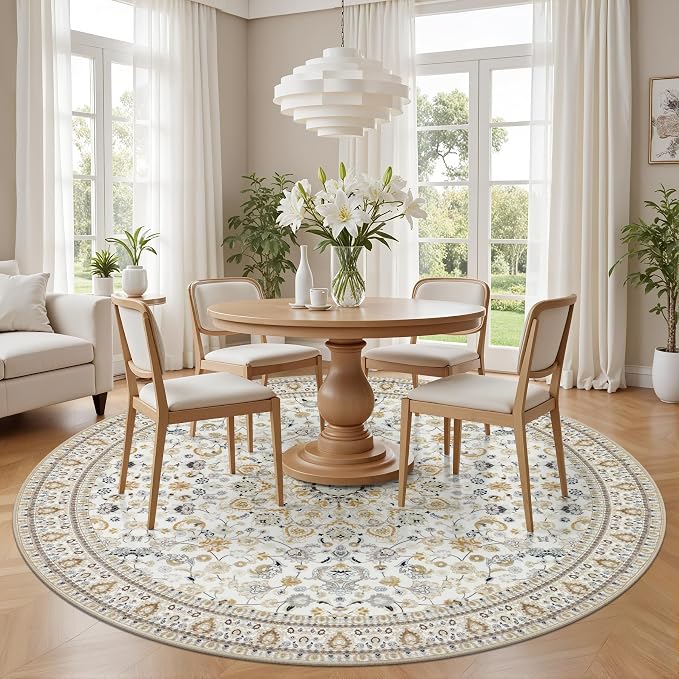 Round Area Rug for Living Room: 4ft Washable Rug for Bedroom Beige | Vintage Boho Soft Round Rug Indoor Floor No Slip Carpet Stain Resistant Rugs for Bedroom Dining Room Nursery Home Office
