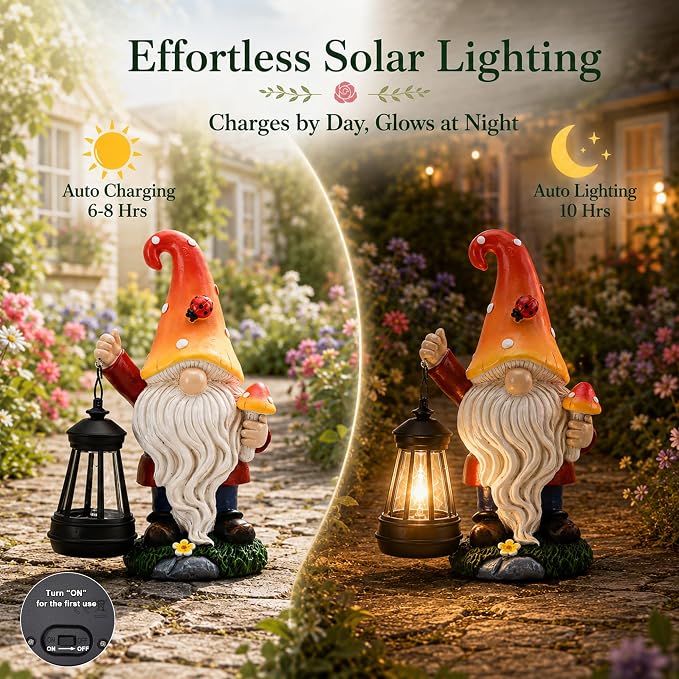 Solar Garden Gnome Statue : Mushroom Outdoor Lantern Decor | Waterproof Resin,Figurine Lights,Yard Lawn Porch Balcony Patio Home Decorations,Gifts for Mom Women Grandma