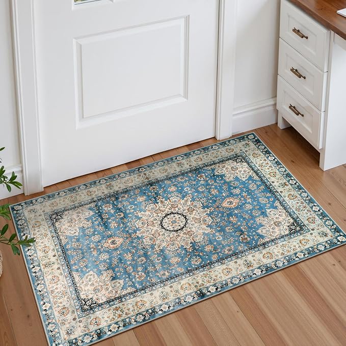 Lahome Felice Oriental Floral Medallion Area Rug - 2x3 Blue Distressed Small Entryway Rug Printed Doormat Vintage Non-Slip Washable Low-Pile Carpet for Indoor Front Entrance Kitchen Bathroom