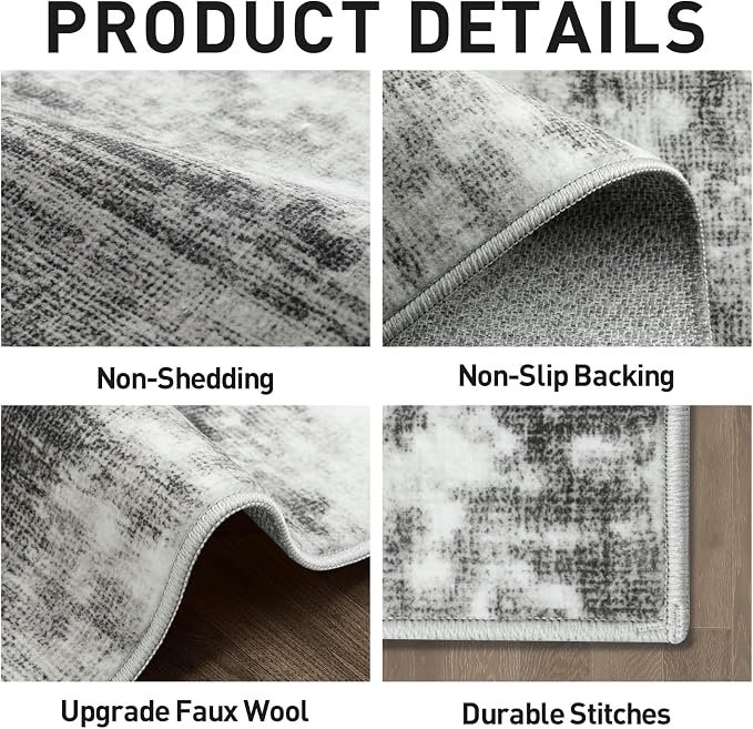 6x9 Area Rugs for Living Room: Washable Abstract Black Grey Badroom Carpet | Non-slip TPE backing makes this washable soft low-pile rug safe & durable, Pet-friendly decor for dining room,nursery,office