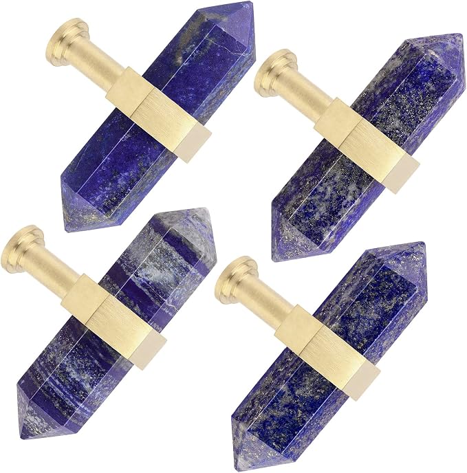 mookaitedecor Set of 2 Lapis Lazuli Double Crystal Points Drawer Knobs with Screws, Decorative Stone Cabinet Handle Pulls for Dresser Cupboard Kitchen Decor, Brushed Brass