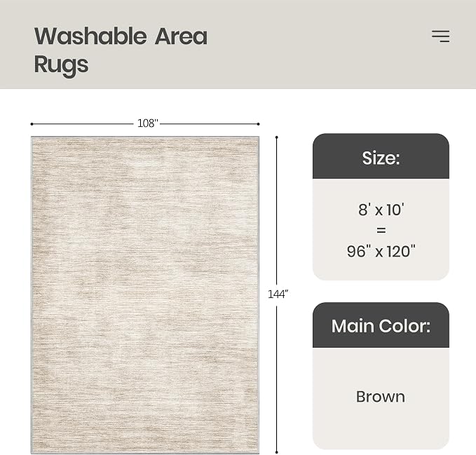 Valenrug 8x10 Area Rugs for Living Room, Large Washable Rug Non Slip, Brown | Soft Low Pile, Thin & Lighweight Carpet, Folable Stain Resistant Modern Indoor Floor Mat for Bedroom, Dining Room, Home Decor